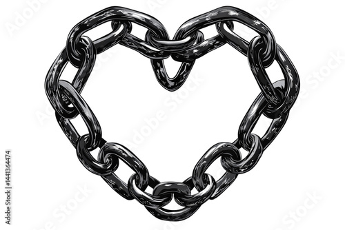 Heart Shape Formed by Interconnected Black Metal Chains Symbolizing Love, Strength, Unity, and Resilience in Relationships and Connections