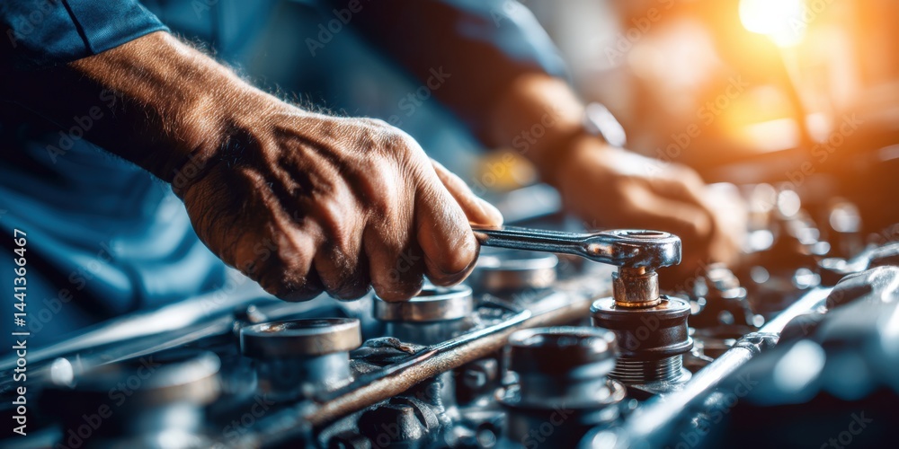 Naklejka premium Skilled mechanic working on engine assembly in a workshop during evening hours