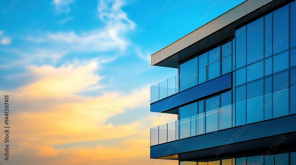 Modern architectural building with glass facade against a vibrant sunset sky