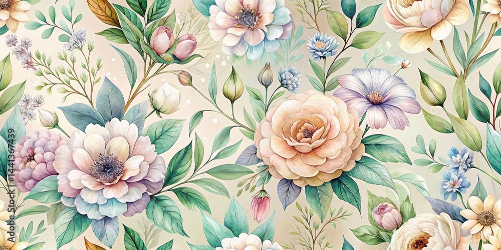 Elegant Pastel Floral Design Featuring a Seamless Pattern of Roses, Peonies, and Delicate Blooms on a Soft Beige Background Elegant Pastel Floral Design Featuring a Seamless Pattern of Roses, Peonies, and Delicate Blooms on a Soft Beige Background