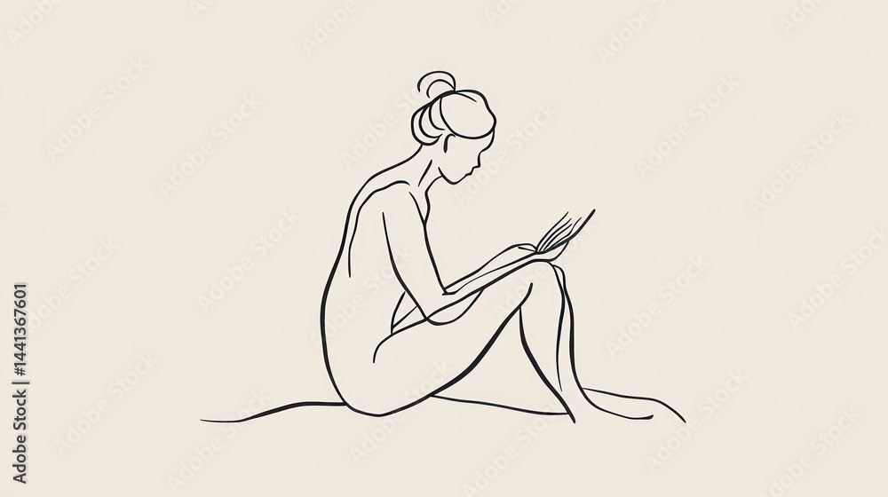 Woman reading book, minimalist line art Woman reading book, minimalist line art