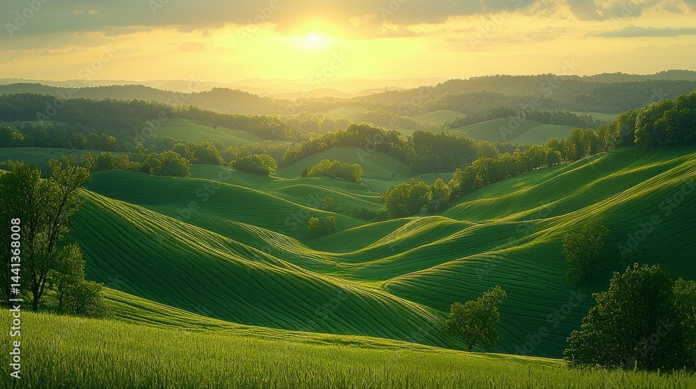 Fototapeta premium Expansive Green Hills Under Golden Sunrise in Rural Landscape Reflecting Organic Farming and Natural Beauty