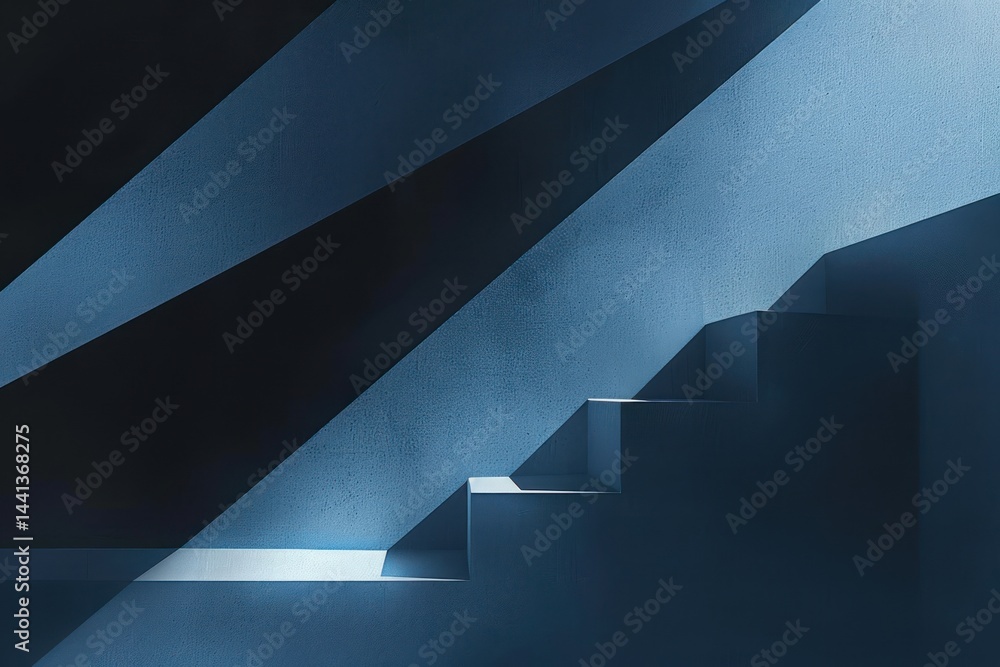 Minimalist dark staircase illuminated by a diagonal beam of soft blue light casting sharp geometric shadows on textured walls Minimalist dark staircase illuminated by a diagonal beam of soft blue light casting sharp geometric shadows on textured walls