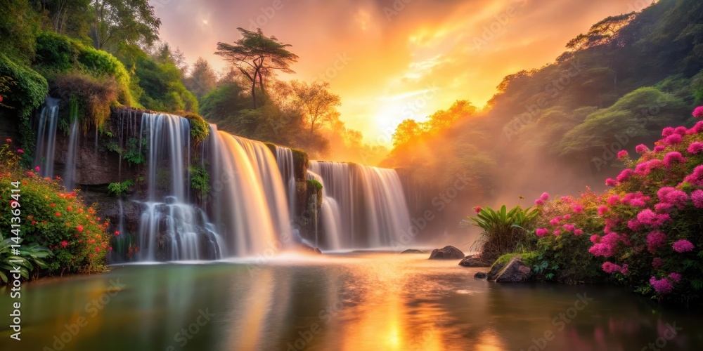 Obraz premium Serene Waterfall Cascading into a Golden Pond at Sunrise, Surrounded by Lush Greenery and Vibrant Blossoms