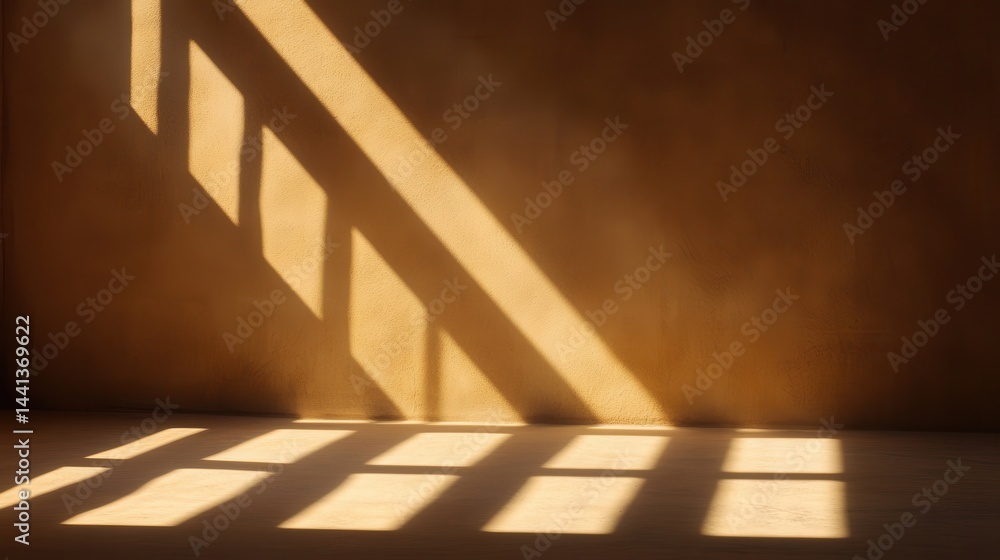 Sunlight casting geometric shadows on a textured wall in an empty room, evoking calmness