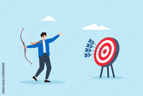 Flat illustration of confident businessman hitting multiple arrows on bullseye target for business precision and success