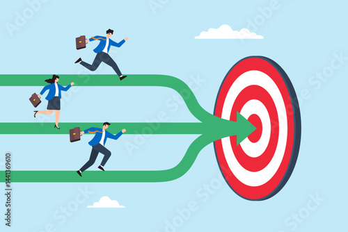 Flat illustration of business team running on different paths merging into one arrow toward target to align goals and achieve success