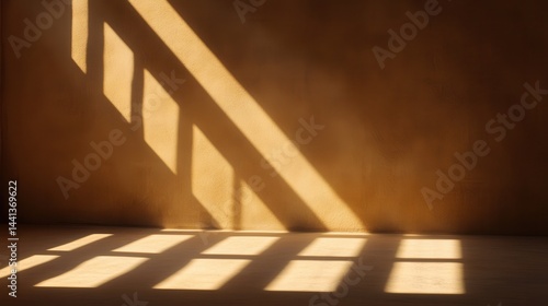 Obraz na płótnie Sunlight casting geometric shadows on a textured wall in an empty room, evoking calmness w salonie