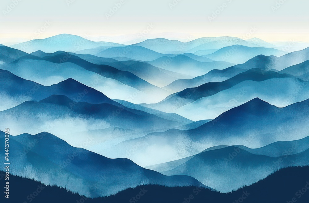 Obraz premium Peaceful layered blue mountain ranges with soft morning mist under a pale sky, creating a calm and serene atmosphere