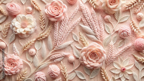 Delicate Pastel Floral Arrangement with Braided Textile Elements and Soft Yarn Balls on a Textured Background