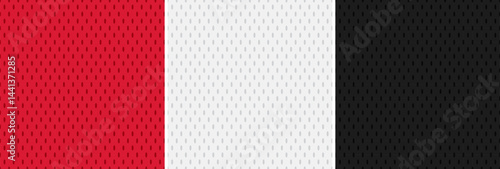 Hockey Jersey Mesh Seamless Vector Patterns in Red, White and Black. Tricolore Sports Background. Athletic Fabric Texture Close-Up. Breathable and Moisture Wicking Sportswear Textile.