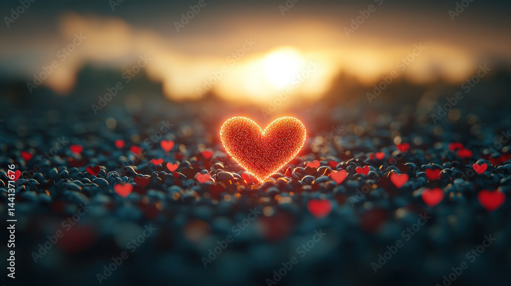 Fototapeta premium A heart is surrounded by many other hearts, creating a beautiful and romantic scene. The heart is glowing, adding a sense of warmth and love to the image. Scene is one of love, affection