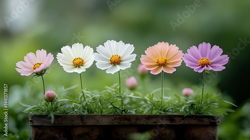 Colorful cosmos flowers in a planter