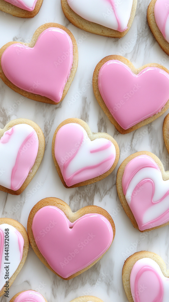 A close up of a dozen heart shaped cookies with pink icing. The cookies are arranged in a row on a marble countertop A close up of a dozen heart shaped cookies with pink icing. The cookies are arranged in a row on a marble countertop
