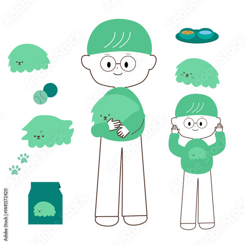 ペット好きな男の子とペットグッズアイコン