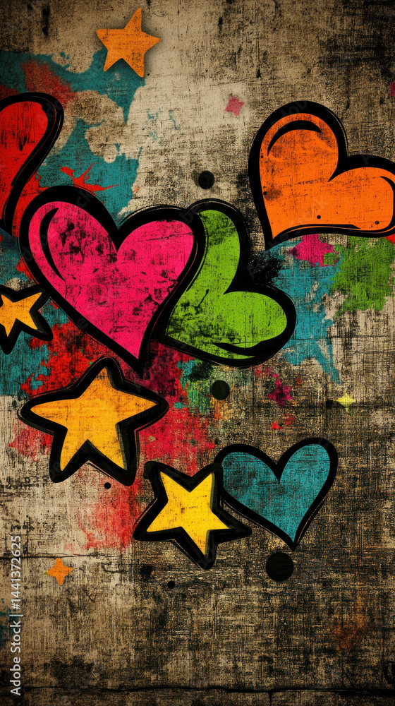 Naklejka premium A colorful painting of hearts and stars on a wall. The painting is full of vibrant colors and has a playful, whimsical feel to it. The hearts and stars are scattered throughout the painting