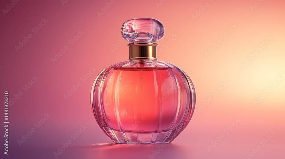 Glass perfume bottle with pink liquid on a gradient background. Glass perfume bottle with pink liquid on a gradient background.