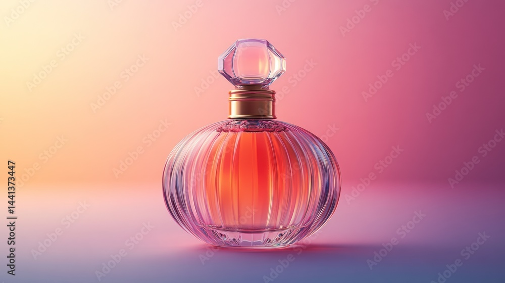 Glass perfume bottle with orange liquid on a pink and yellow gradient background. Glass perfume bottle with orange liquid on a pink and yellow gradient background.