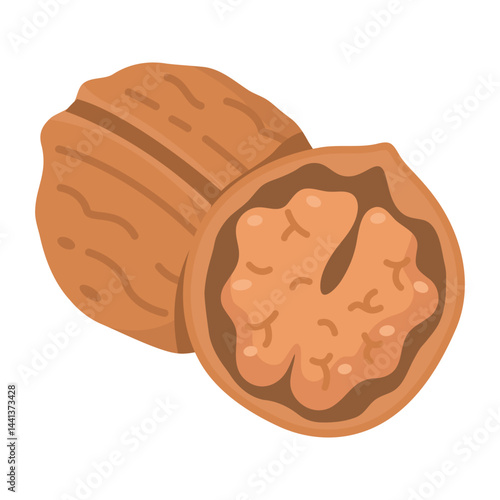 Walnut vector flat icon. Cartoon illustration of whole nut in shell and kernel.