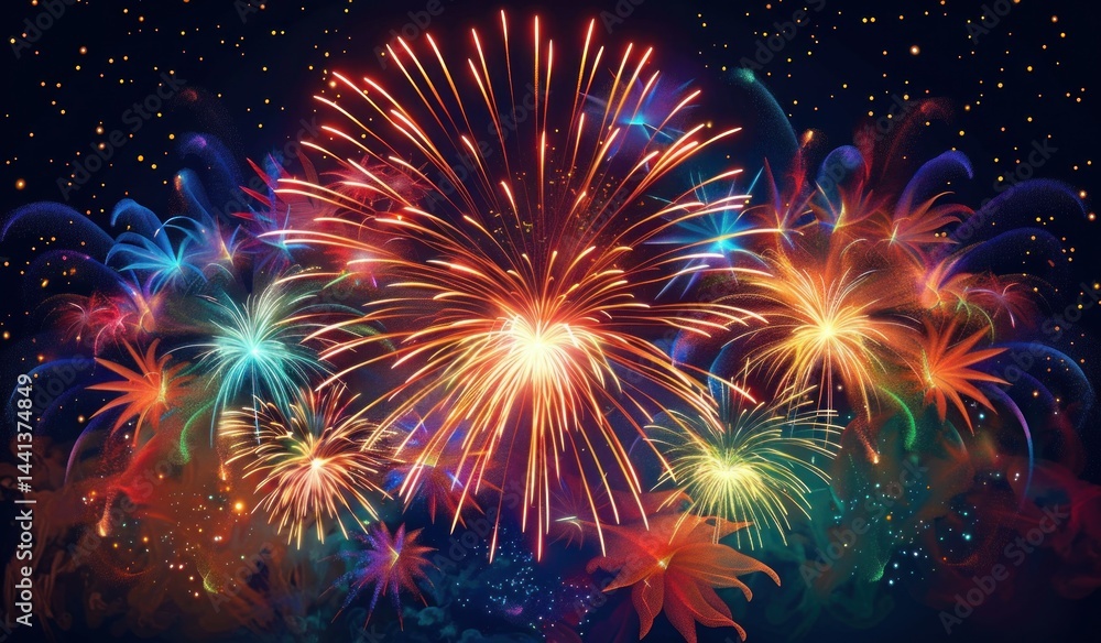 Fototapeta premium Colorful fireworks bursting in the night sky with vibrant trails and glowing sparks creating a festive and celebratory atmosphere