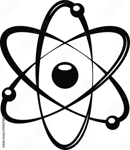 atom symbol isolated on white background.Atom Icon – Black Vector Symbol Representing Quantum Physics, Nuclear Energy, and Molecular Structure. Isolated on White Background.