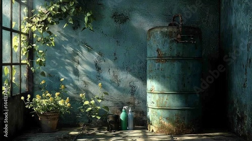 Eco-Friendly Water Solutions in a Rustic Rural Setting with Plants and Textures