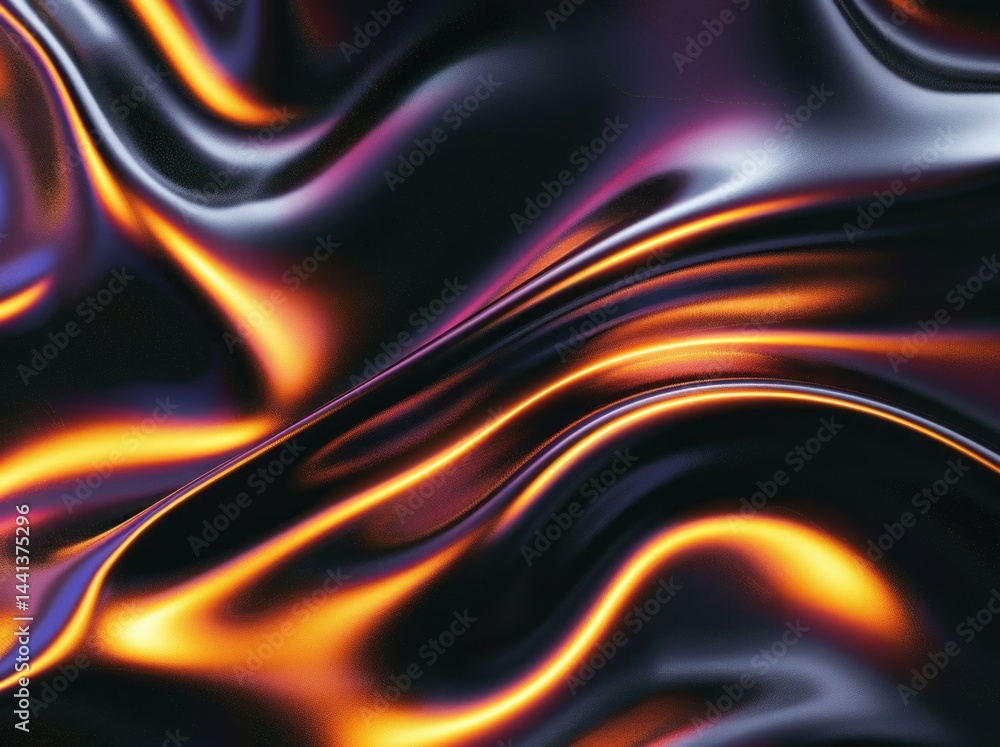 Naklejka premium Abstract flowing liquid surface with glossy black and vibrant orange highlights creating smooth, wavy reflections and a sense of dynamic movement