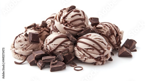 Chocolate ice cream scoops piled high with dark chocolate pieces