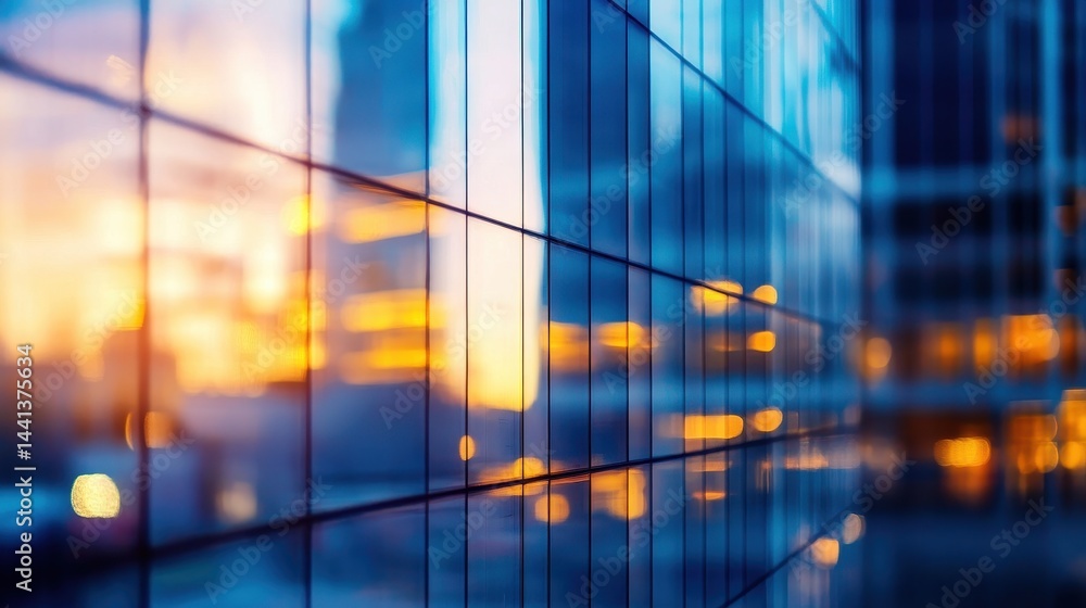 Abstract reflection of a city skyline at sunset with vibrant colors and blurred lights
