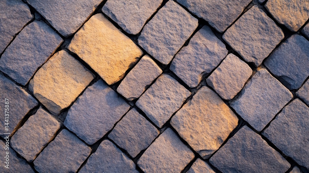 Close-up view of textured stone pavement with warm lighting highlighting the surface patterns