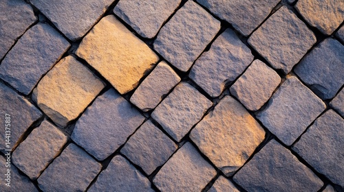 Obraz na płótnie Close-up view of textured stone pavement with warm lighting highlighting the surface patterns w salonie