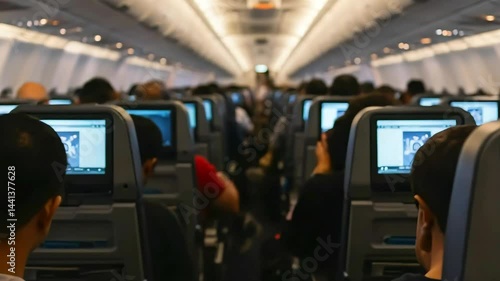 Passengers using in-flight entertainment on a commercial airplane, with cabin lights dimmed for comfort