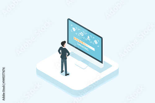 Software update on computer screen, updating, System updates, security, new version. isometric concept, flat design