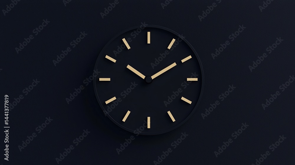 Minimalist black wall clock with gold hour markers and hands on a dark textured background. Minimalist black wall clock with gold hour markers and hands on a dark textured background.
