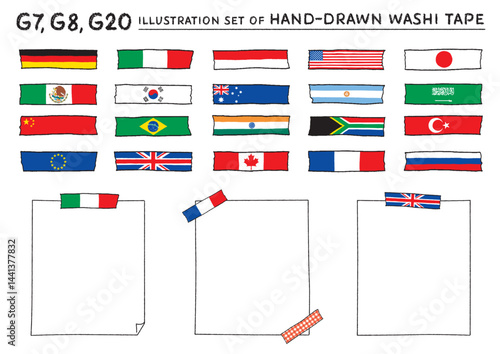 G20,G8,G7の国旗柄のマスキングテープの手描きイラストセット　文字なし
