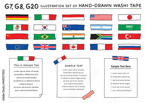 G20,G8,G7の国旗柄のマスキングテープの手描きイラストセット　文字あり