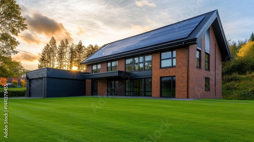 Modern brick house with solar panels at sunset, surrounded by lush green lawn and trees