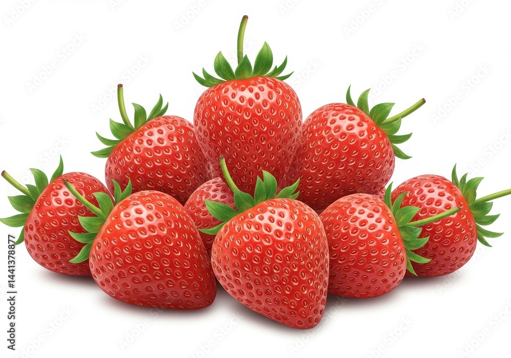 A close up of a group of fresh strawberries with green stems on a plain white background studio shot A close up of a group of fresh strawberries with green stems on a plain white background studio shot