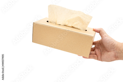 Obraz na płótnie Hand taking Brown tissue paper box isolated on white background. Copy space for text. Nice natural cardboard box of paper tissue. w salonie