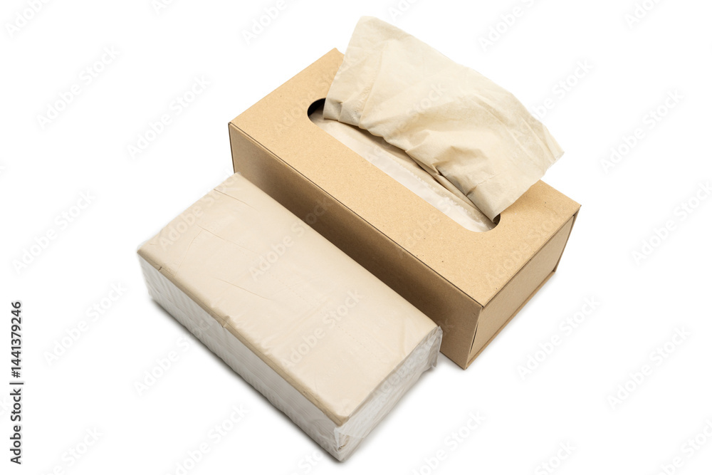 Brown tissue paper box isolated on white background with brown TISSUE PAPER pack. Copy space for text. Nice natural cardboard box of paper tissue.