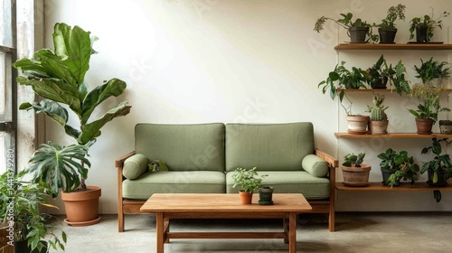 Green sofa in plant-filled living room, sunlight