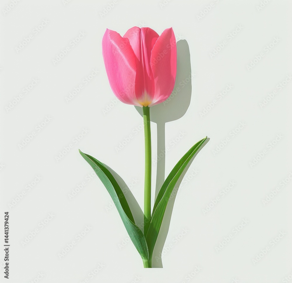 Obraz premium single pink tulip flower with green leaves casting a soft shadow on a plain white background, evoking simplicity and calmness