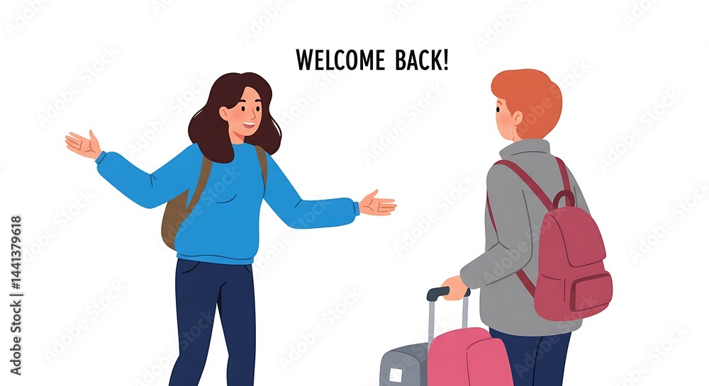 Fototapeta premium Person Welcoming Traveler Arriving with Suitcase and Backpack