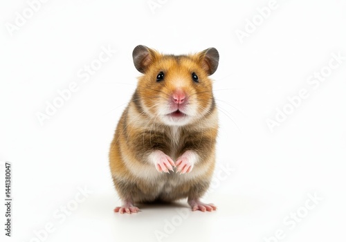 Portrait of a golden hamster standing on a white background looking directly at the camera lens