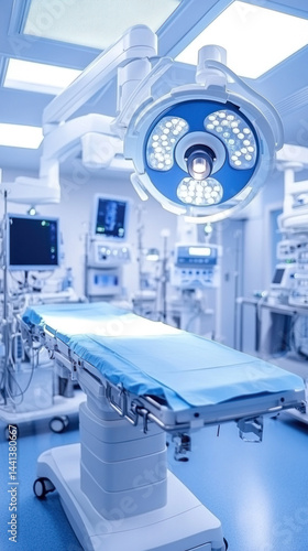 A hospital room with a blue surgical table and a bright light above it. The room is clean and sterile, with various medical equipment and monitors