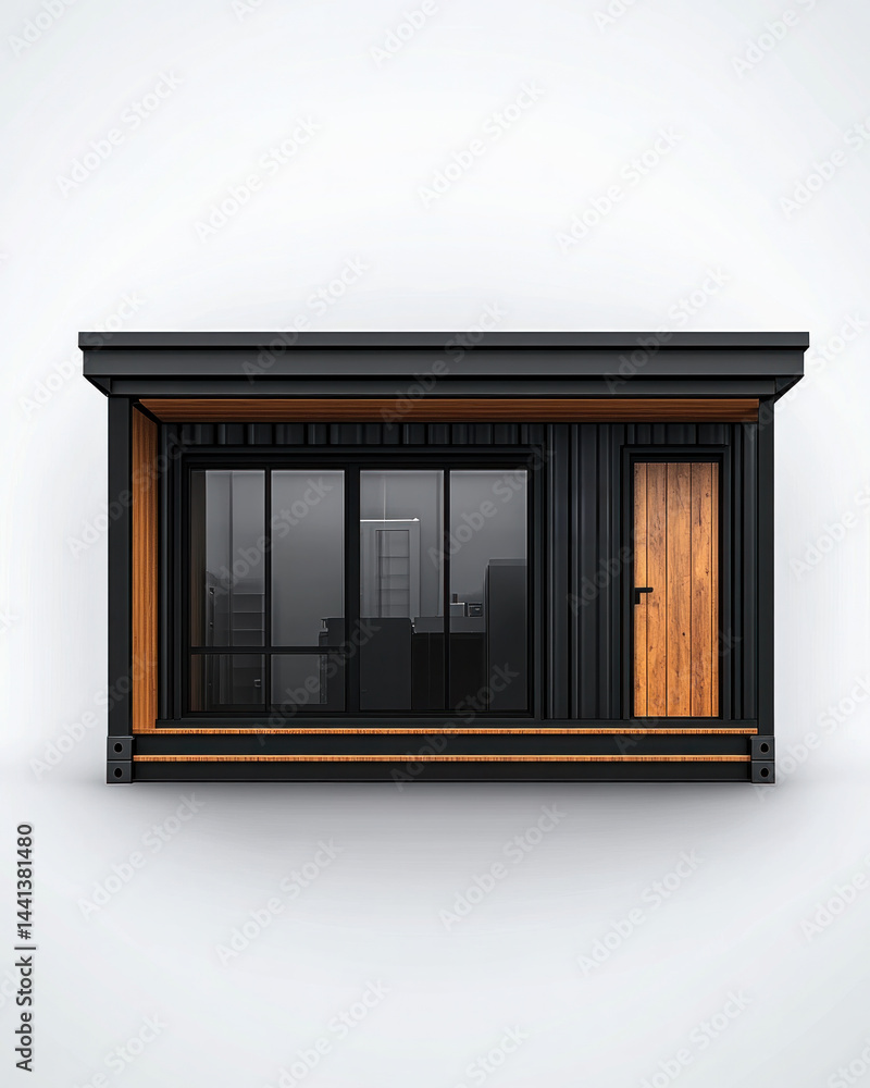 Obraz premium A small black and wooden house with a door and windows. The house is on a white background