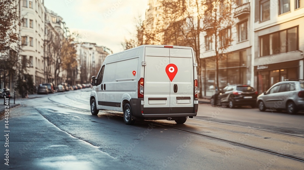 Obraz premium City delivery van with location icon, urban logistics and supply chain