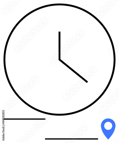 Black clock with minimal hands indicating time, blue location marker, simple horizontal lines. Ideal for scheduling, time tracking, punctuality, journey planning, navigation, user interface simple