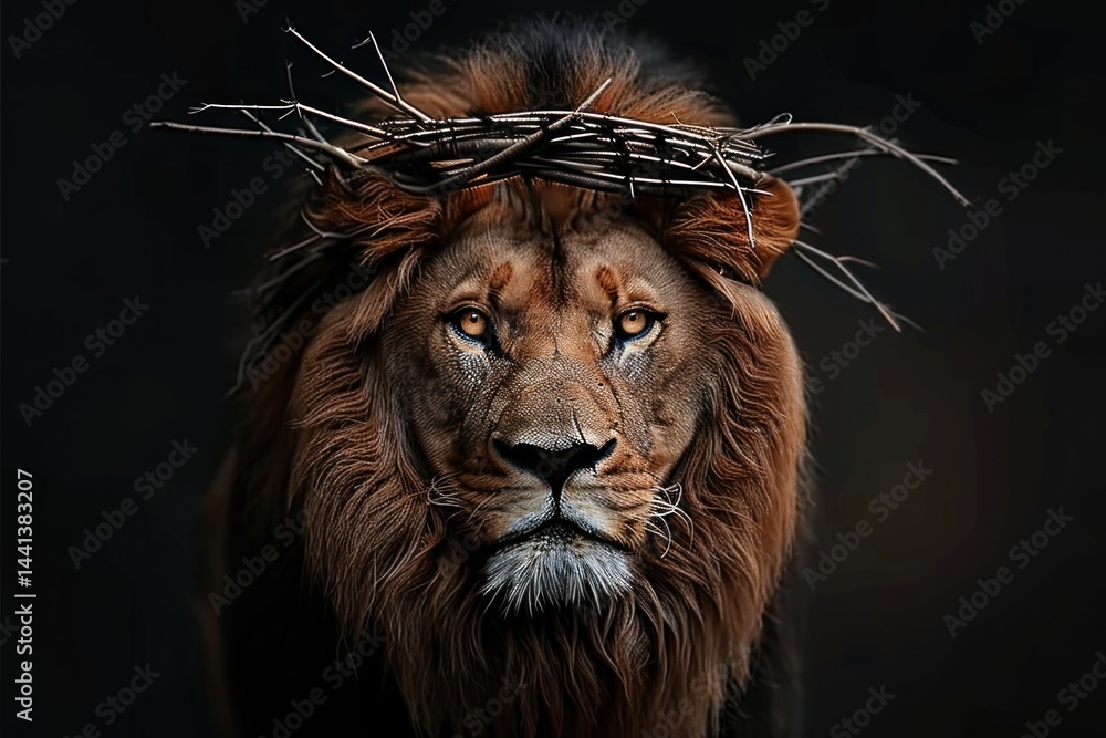 Naklejka premium portrait of a majestic lion with a somber expression wearing a crown of thorns against a dark background