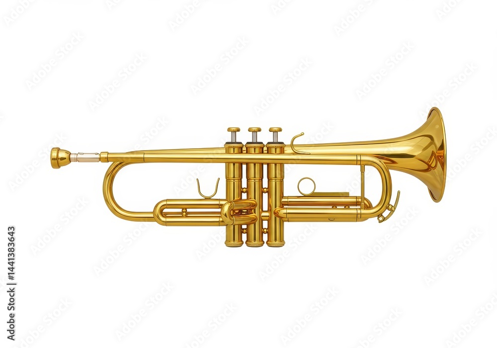 Obraz premium A shiny golden trumpet on a white background showing the instrument in a horizontal position clearly visible